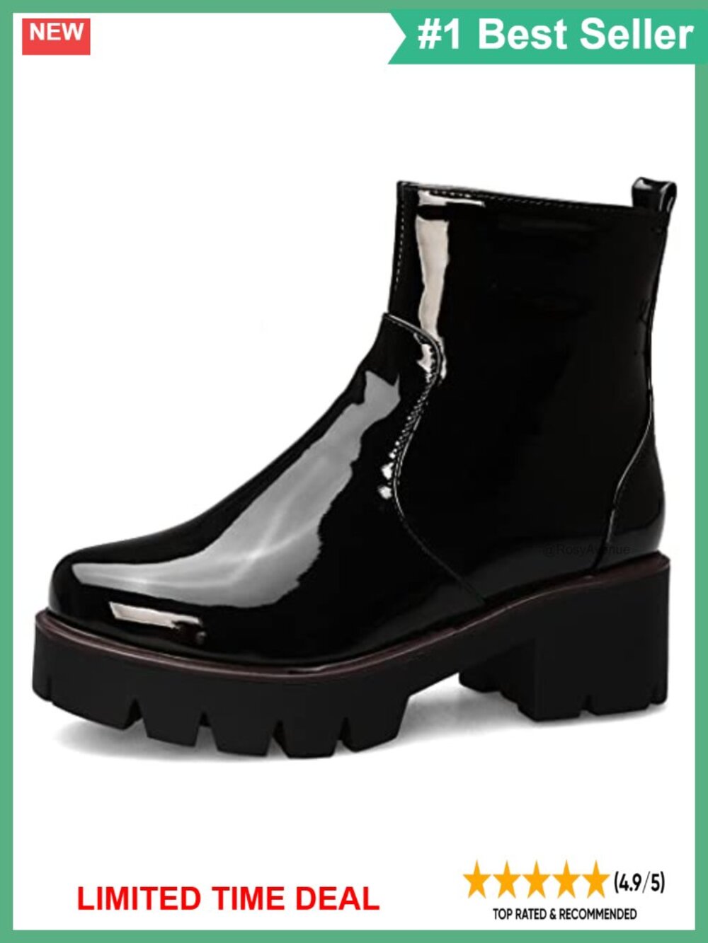 Chunky Mid Heel Ankle Boots Patent Leather Velvet Lined Side Zip